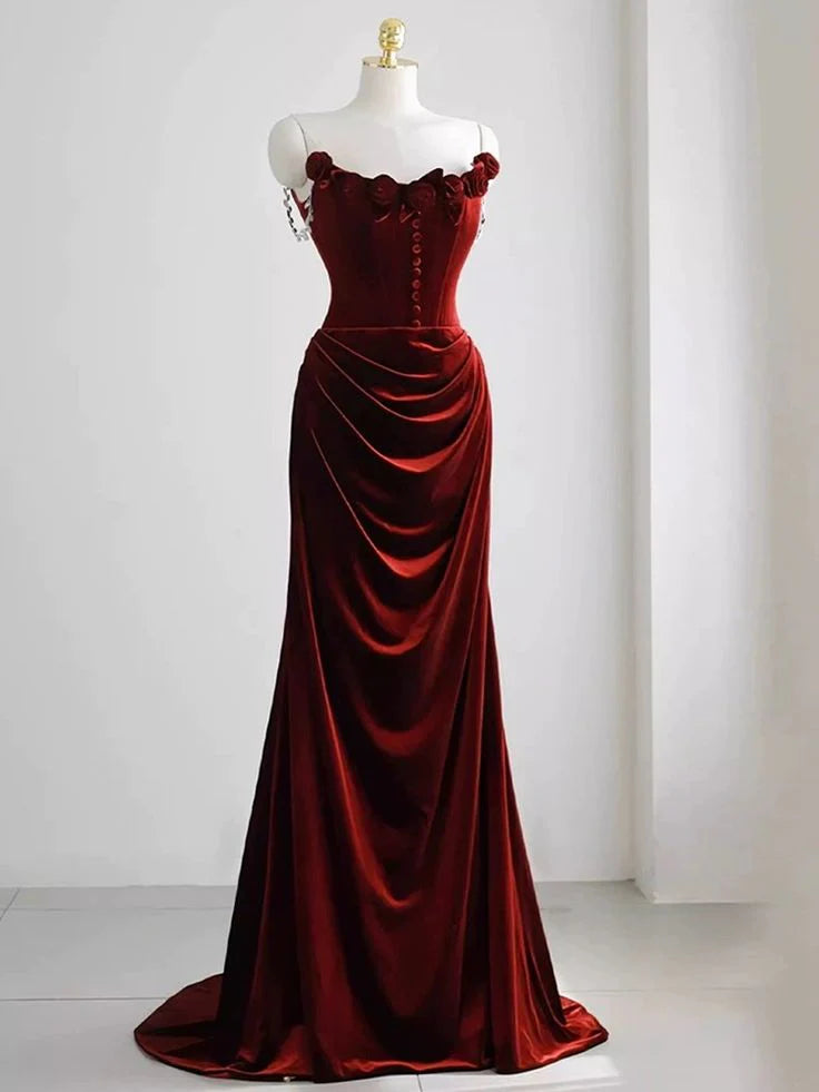 Off-the-Shoulder  Red Velvet Evening Dress Floral Prom Dress Chic Mermaid Dress